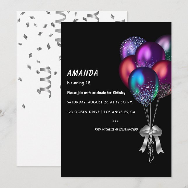  Dark Iridescent Balloons Birthday Party Invitation (Front/Back)