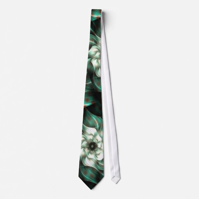 Dark Jade Green and White Fractal Flower Abstract Tie (Front)