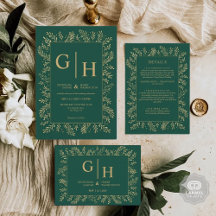Dark Jungle Green Gold Leaf Border Floral Wedding