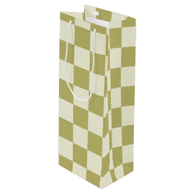 Dark Khaki and Beige Chequerboard Wine Gift Bag (Front Angled)
