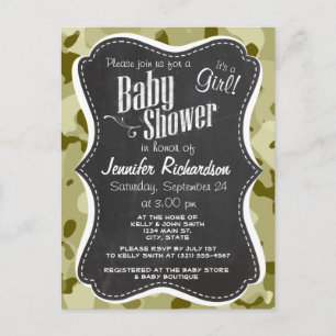 Dark Khaki Camo; Retro Chalkboard look Invitation Postcard