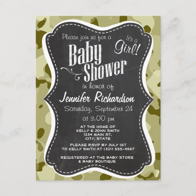 Dark Khaki Camo; Retro Chalkboard look Invitation Postcard (Front)