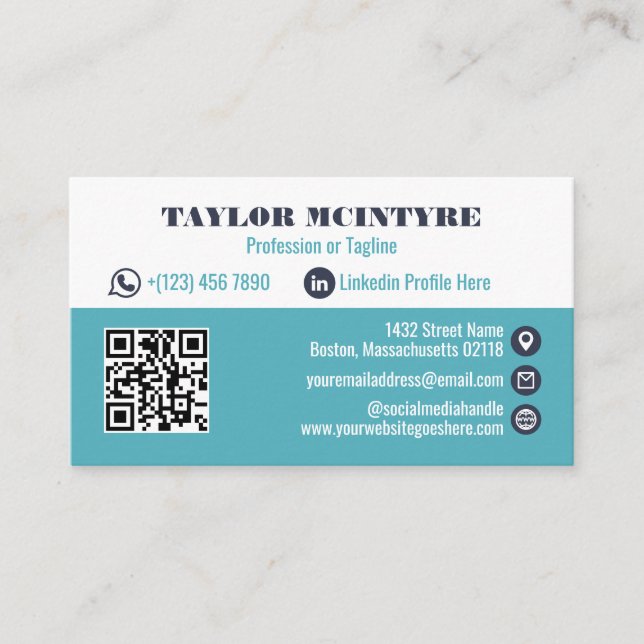 Dark & Light Blue Professional Icons QR Code Business Card (Front)