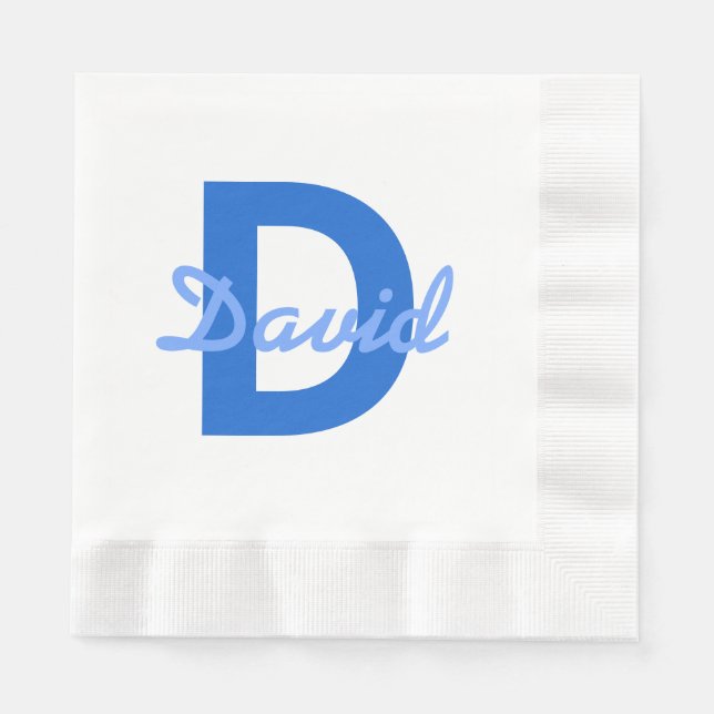 Dark & Light Blue White Editable Name Monogram Napkin (Front)
