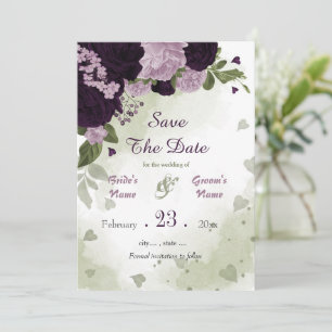 dark & light purple flowers green leaves botanica save the date