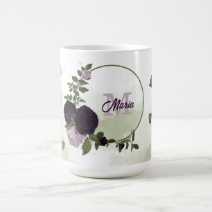 dark & light purple flowers greenery monogram coffee mug