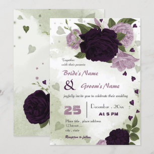dark & light purple flowers greenery wedding invitation