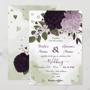dark & light purple flowers greenery wedding invitation
