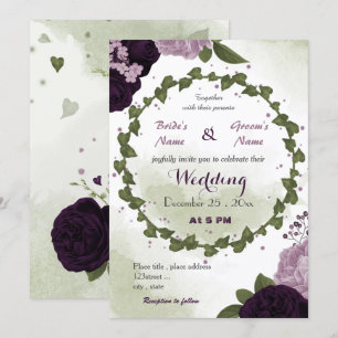 dark & light purple flowers greenery wedding invitation