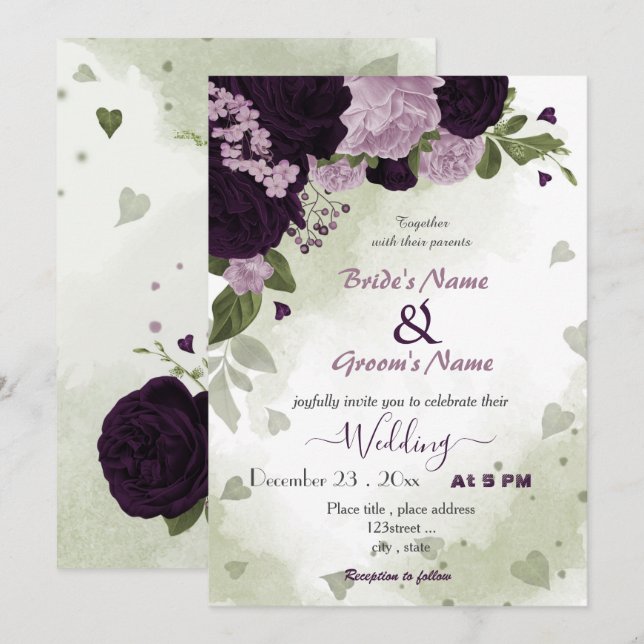 dark & light purple flowers greenery wedding invitation (Front/Back)