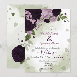 dark & light purple flowers greenery wedding invitation