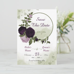 dark & light purple flowers greenery wreath save the date
