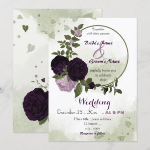 dark  light purple flowers greenery wreath wedding invitation