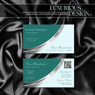 Dark Light Teal with Chic Silver Decor and QR-Code Business Card