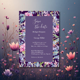 dark lilac colourful wildflower greenery wedding invitation