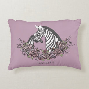 Dark Lilac Mama and Baby Zebra Hand-Drawn Accent Pillow