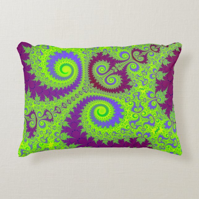 Dark Magenta Purple and Lime Green Fractal Spiral Accent Pillow (Front)
