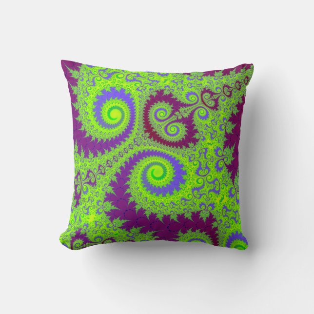 Dark Magenta Purple and Lime Green Fractal Spiral Throw Pillow (Front)
