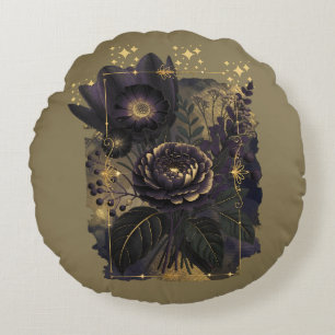 Dark Magical Floral Bouquet in Golden Frame Round Pillow
