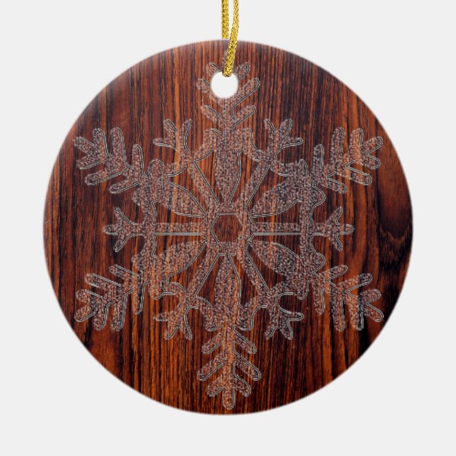 Dark Mahogany Wood crystal snowflakes  Ceramic Ornament (Front)