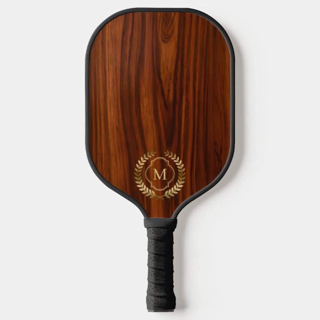 Dark mahogany wood gold badge monogram pickleball paddle (Front)