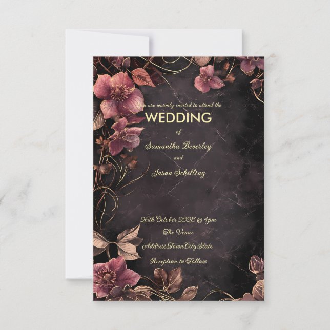 Dark Marble Background with Red floral borders Invitation (Front)
