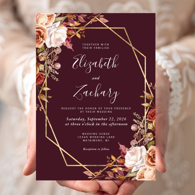 Dark Maroon Autumn Floral Gold Frame Fall Wedding Invitation (Creator Uploaded)