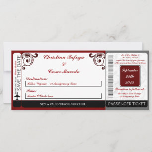 Dark Maroon Grey Boarding Pass Wedding Invitation