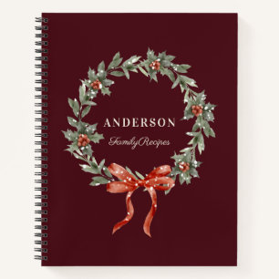 Dark Maroon Holly Berries Wreath Christmas Recipe Notebook