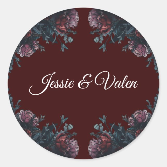Dark Maroon Mauve Gothic Elegant Wedding Classic Round Sticker (Front)