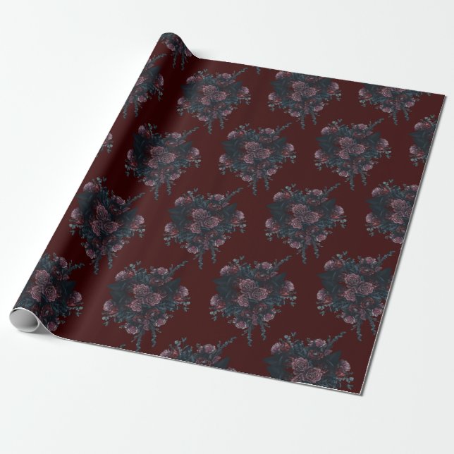 Dark Maroon Mauve Gothic Elegant Wedding Wrapping Paper (Unrolled)