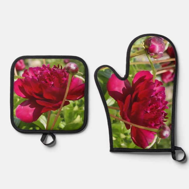 Dark Maroon velvet peonies  Oven Mitt & Pot Holder Set (Front)