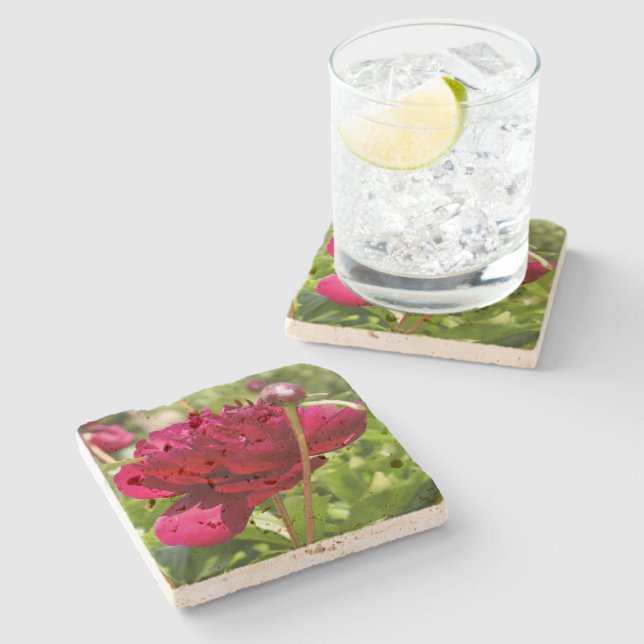 Dark Maroon velvet peonies  Stone Coaster (Side)