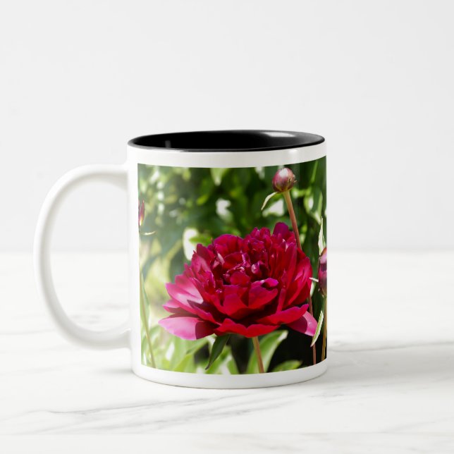 Dark Maroon velvet peonies Two-Tone Coffee Mug (Left)