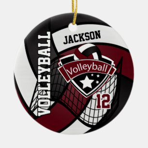 Dark Maroon, White and Black Logo Volleyball Ceramic Ornament