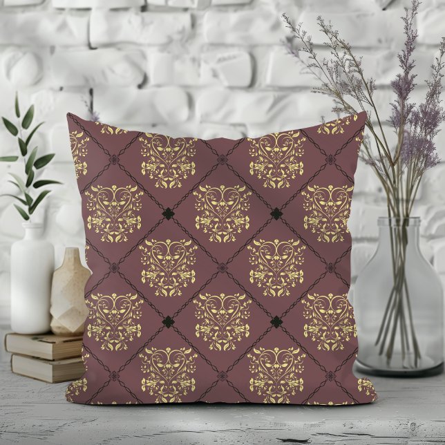 Dark Mauve Diamond Damask Pattern Throw Pillow (Creator Uploaded)