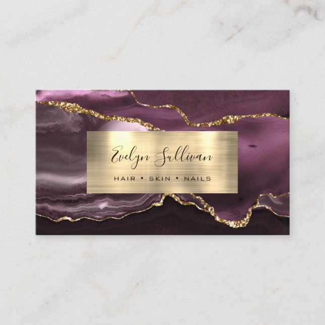 Dark Mauve Gold Foil Agate Business Card (Front)