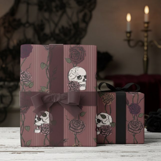 Dark Mauve Gothic Skull & Rose Stripes Wrapping Paper (Elegant Dark Mauve Wrapping Paper for Gothic Wedding or For Her. Moody Burgundy Roses and Skulls)