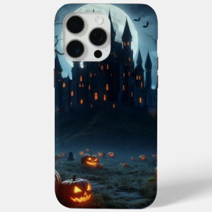 Dark, medieval castle, bats, & pumpkins iPhone 15 pro max case