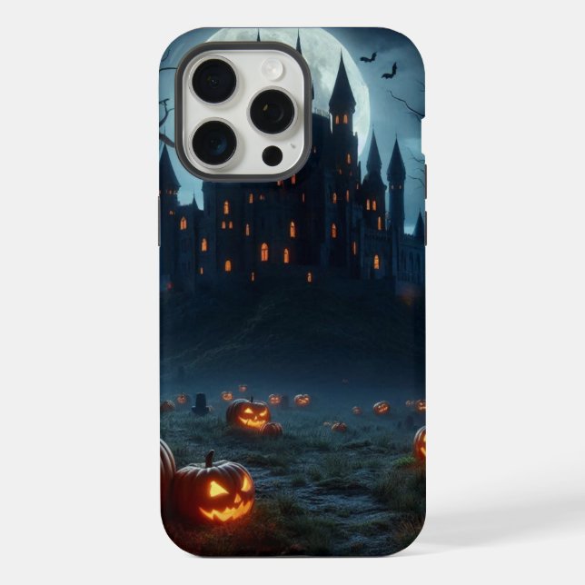 Dark, medieval castle, bats, & pumpkins iPhone case (Back)