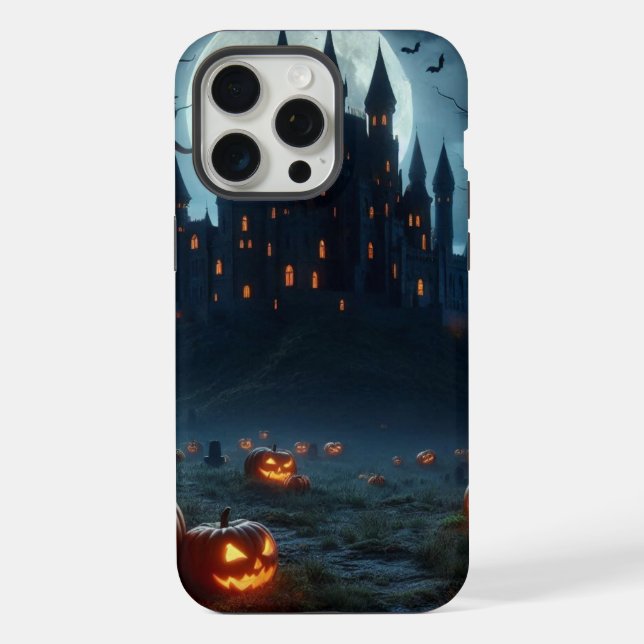 Dark, medieval castle, bats, & pumpkins iPhone case (Back)