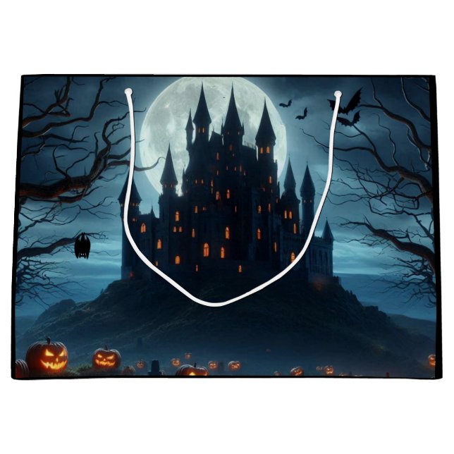 Dark, medieval castle, bats, & pumpkins large gift bag (Front)