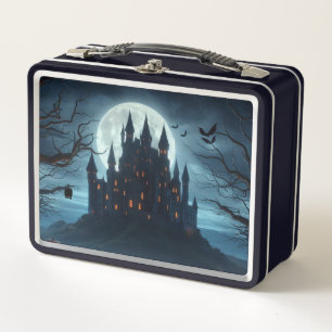 Dark, medieval castle, bats, & pumpkins metal lunch box