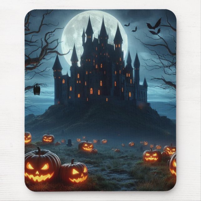 Dark, medieval castle, bats, & pumpkins mouse pad (Front)