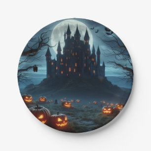 Dark, medieval castle, bats, & pumpkins paper plate