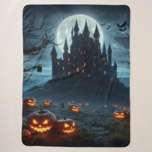 Dark, medieval castle, bats, & pumpkins sherpa blanket