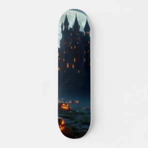 Dark, medieval castle, bats, & pumpkins skateboard