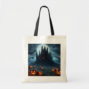 Dark, medieval castle, bats, & pumpkins tote bag