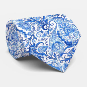 Dark Medium Blue White Floral Paisley Art Pattern Tie