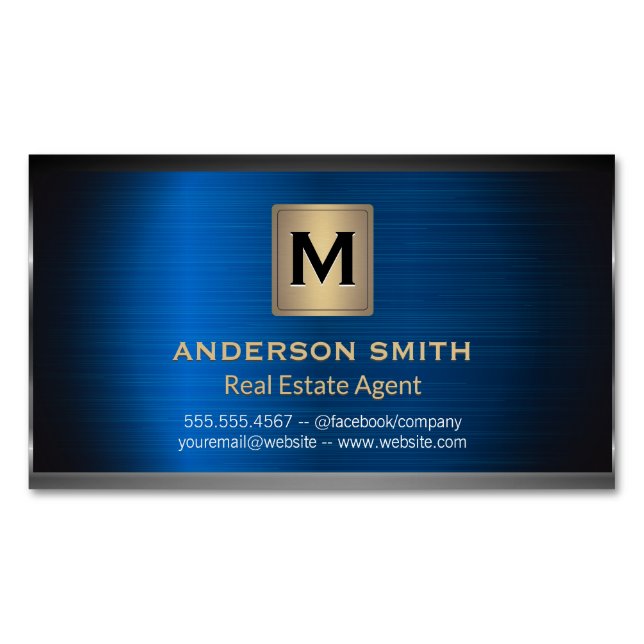 Dark Metallic Frame | Blue Metallic Background Magnetic Business Card (Front)